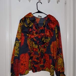 Ruffled Floral Long Sleeve Blouse - Red & Yellow on Black